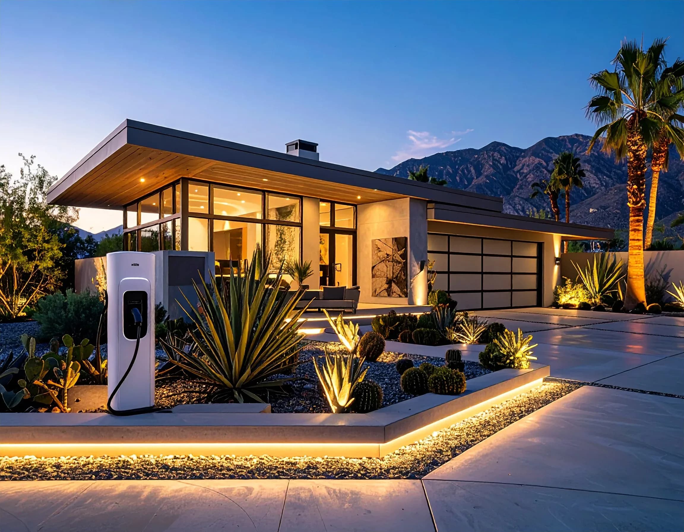 Architectural electrical work in a warm La Quinta-style desert home