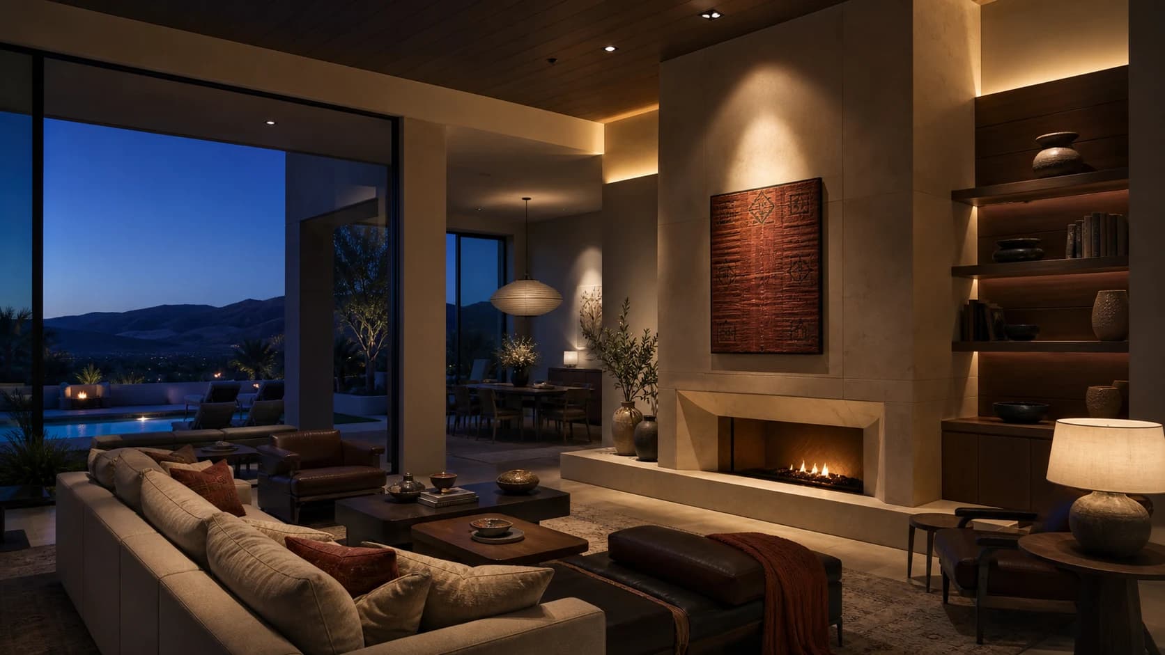 Concept visualization of a warm custom lighting scene in a Rancho Mirage great room