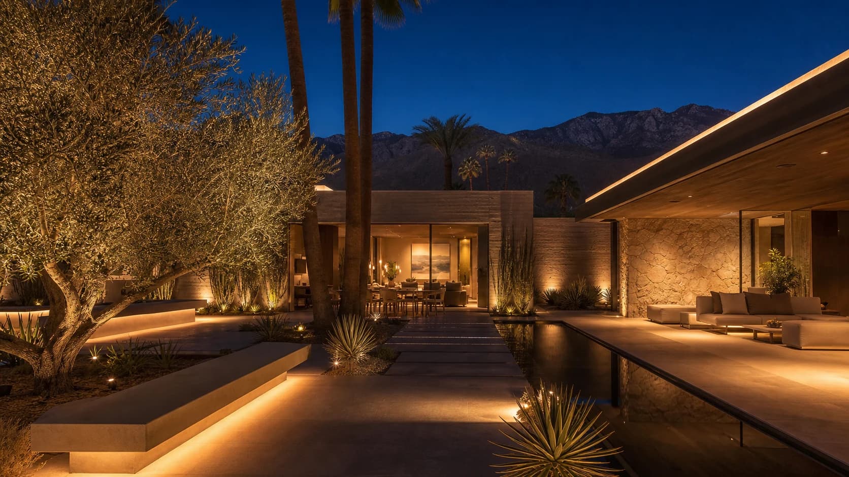 Concept visualization of low-glare courtyard and landscape lighting at a La Quinta home