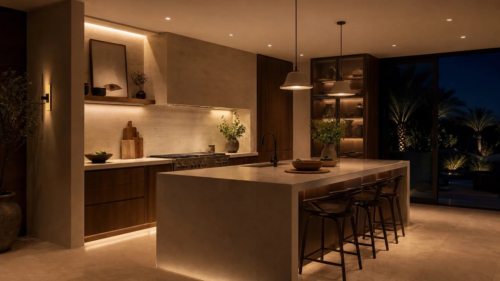 Concept visualization of warm-dim recessed and concealed linear lighting in an Indian Wells kitchen