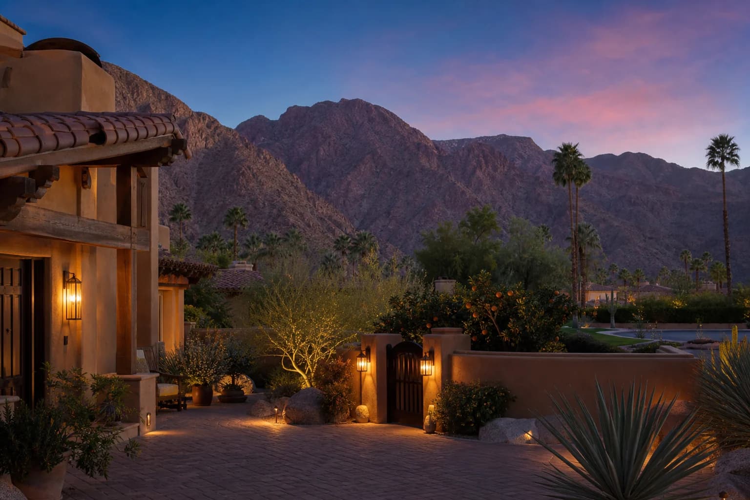La Quinta adobe courtyard with citrus, palms, path lighting, and close mountain coves